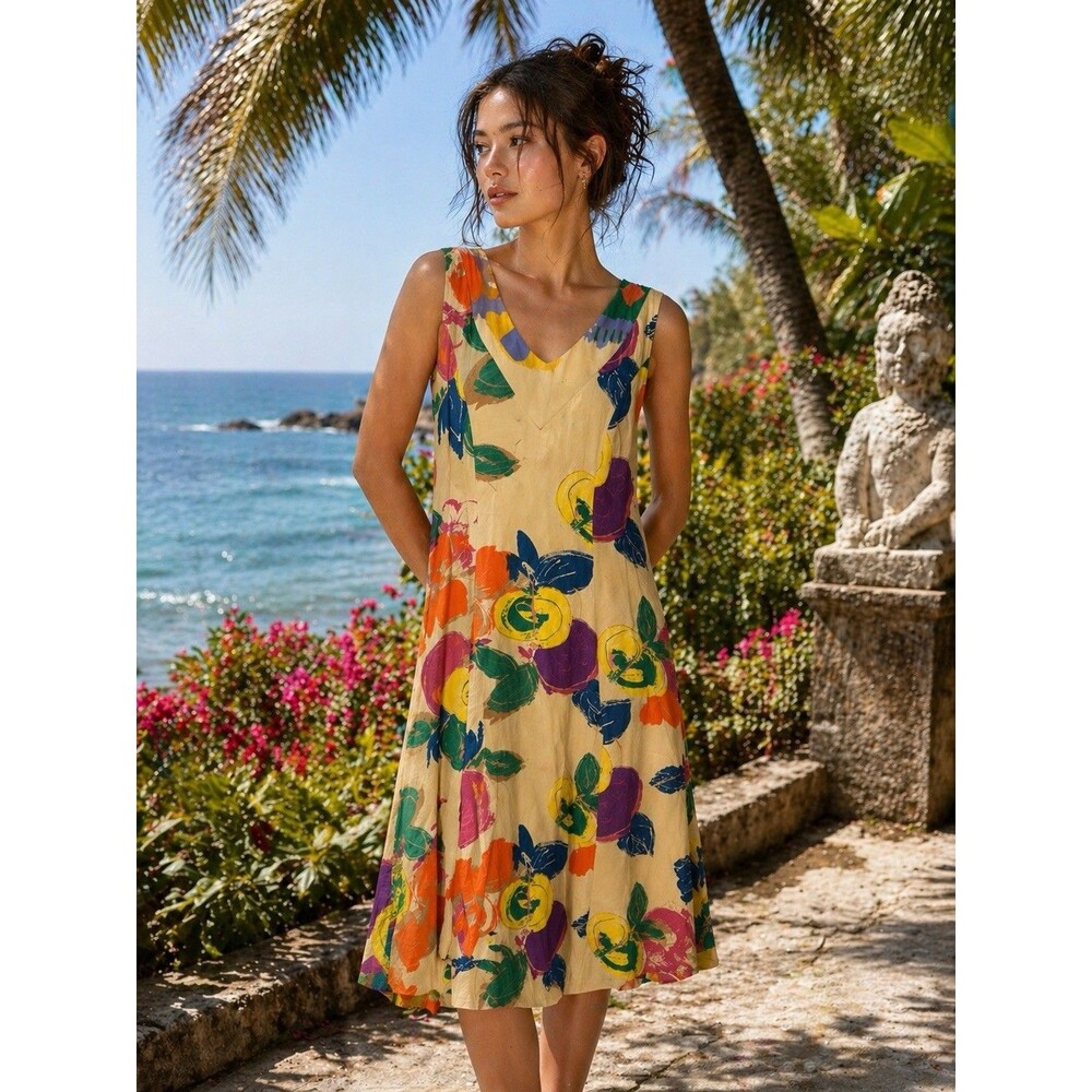 Vtg Jams World Hawaiian Floral Midi Dress Size M Zipper‎ & Tie Back